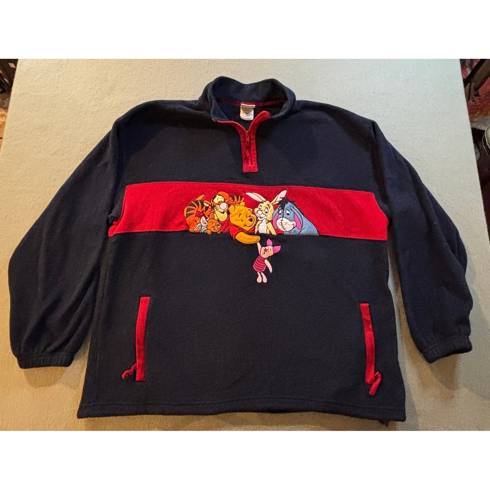 VTG Disney Store Winnie the Pooh Fleece Pullover Mens XL Quarter Zip Navy 90s
